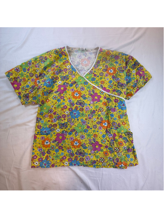 Salus Tops - Salus Floral Butterfly Wrap Scrub Top Yellow Multicolor V-Neck Pockets Size 3X
